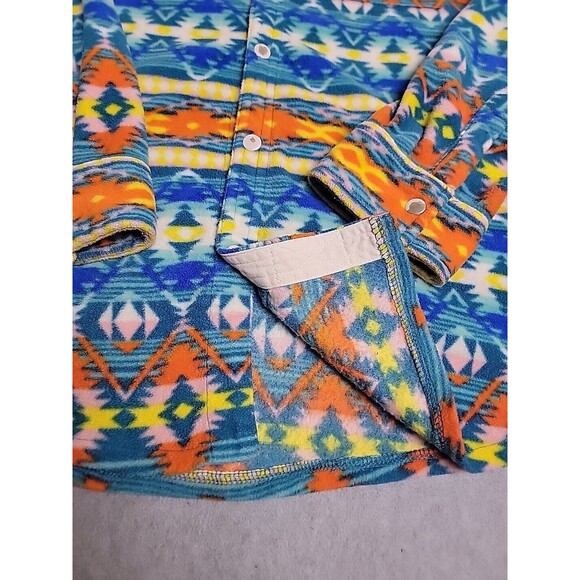 RF Brand Shirt Shacket Mens L Aztec Fleece Orange Blue Yellow Snaps Pockets READ - Picture 10 of 16